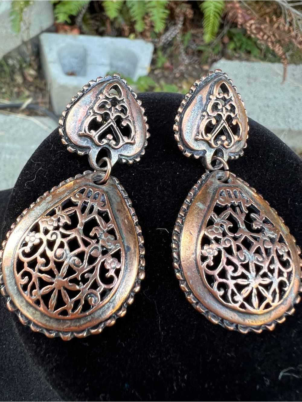 Antique-Style Filigree Teardrop Dangle Earrings - Copper Tone